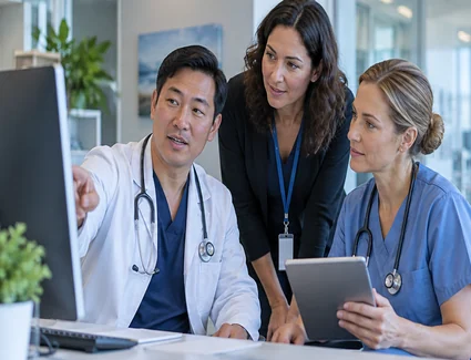 Hospital clinicians reviewing information together