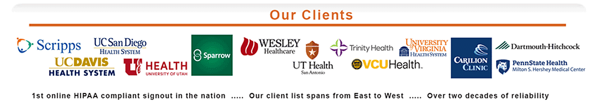 Our Clients: selected healthcare organization logos and more than two decades of experience