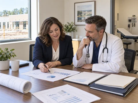 Practice administrator and physician planning together