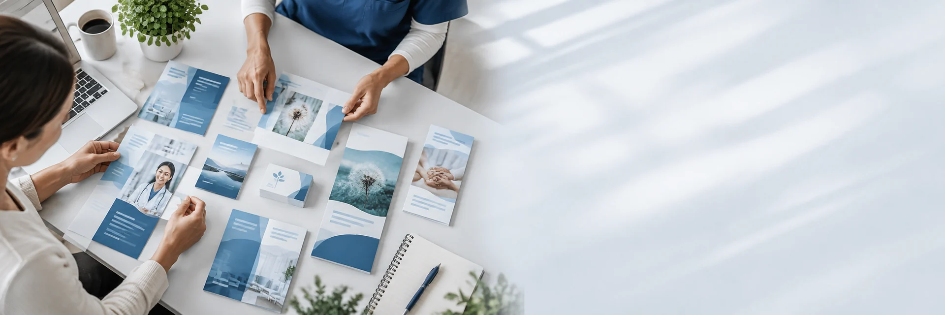 Clinic print materials being reviewed on a design table
