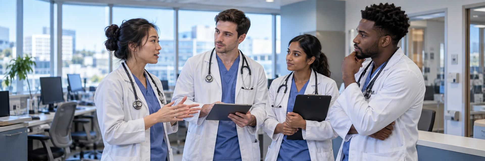 Residents discussing a clinical handoff at shift change
