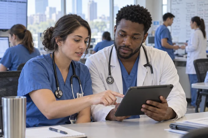 Residents reviewing a clinical workflow together