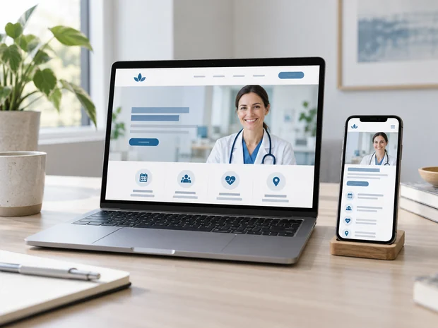 Responsive practice website shown on a laptop and phone